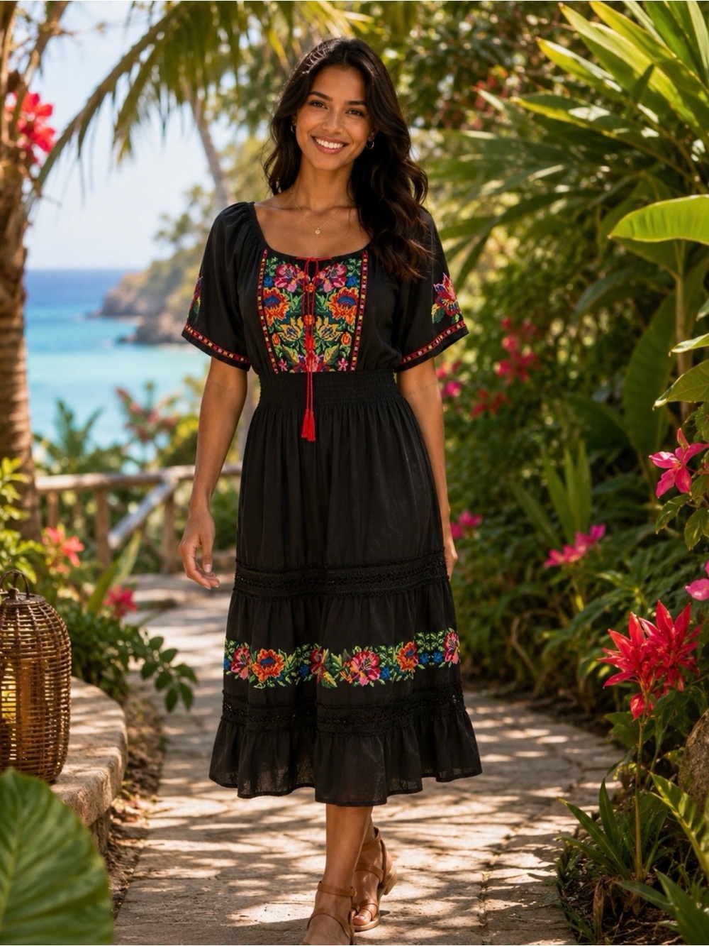 Embroidered Black Midi Dress with Tassel Tie